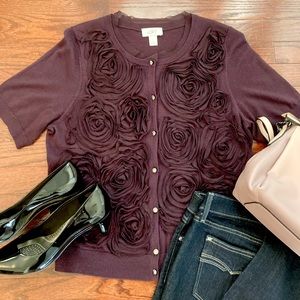 Loft floral plum colored short sleeve sweater